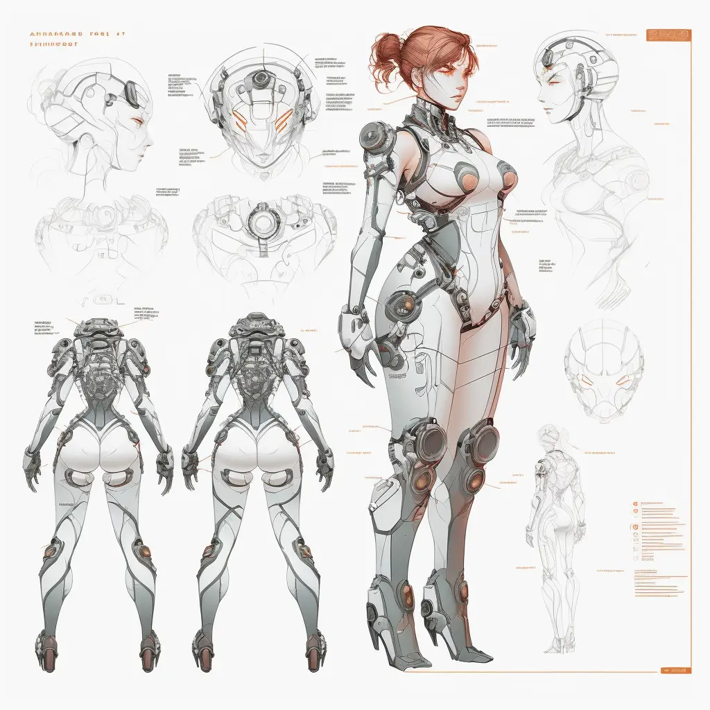 female cyborg character design, concept design sheet, white background